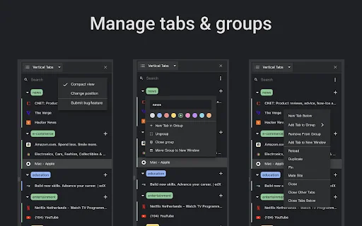 I-download ang Vertical Tabs: Pinakamahusay na Tab Manager para sa Chrome - Screenshot 4